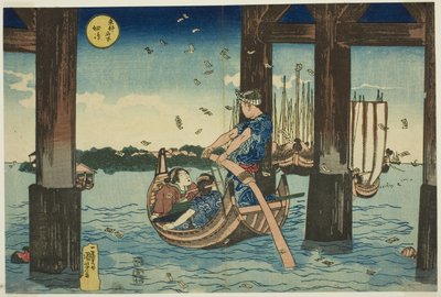 Ilha Tsukuda (Tsukudajima), da série "Lugares Famosos na Capital Oriental (Toto meisho)" de Utagawa Kuniyoshi