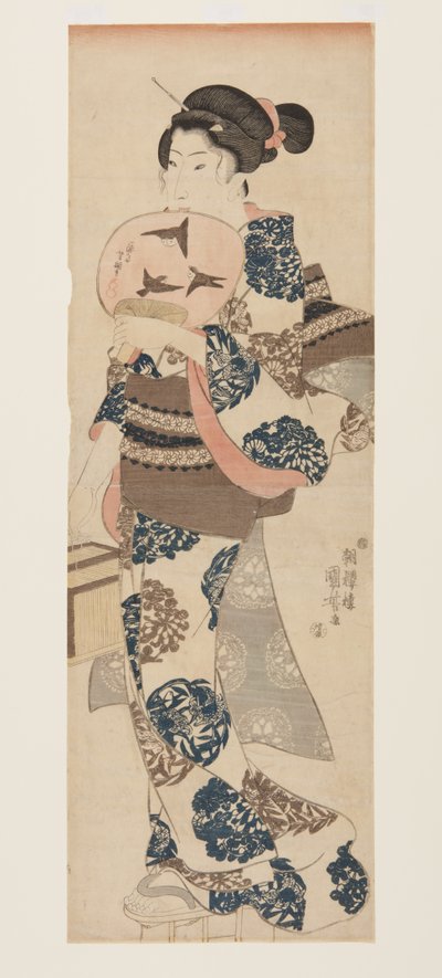 Mulher com Ventilador e Gaiola de Insectos (impressão em bloco de madeira a cores) de Utagawa Kuniyoshi