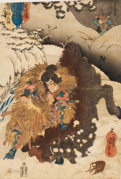 Impressão em xilogravura - Chinzei Hachiro Tametomo derrubando um javali nas montanhas nevadas de Mashik de Utagawa Kuniyoshi