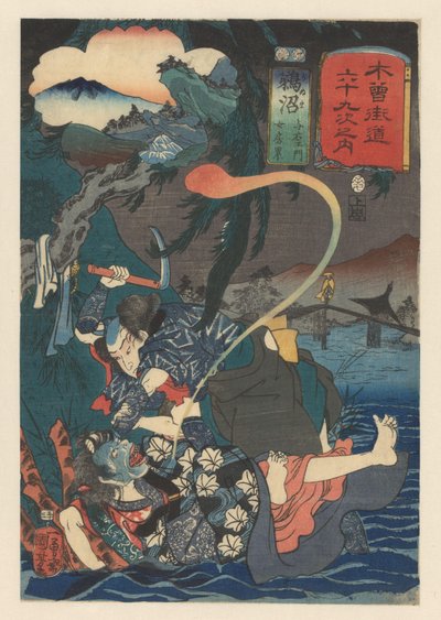 Yoemon a matar Kasane perto do rio
Sessenta e nove Estações do Kisokaido (título da série sobre o objecto) de Utagawa Kuniyoshi