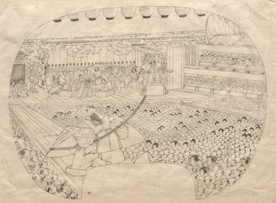 Design para impressão em forma de leque do Teatro Kabuki de Utagawa Sadahide