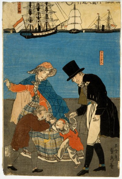 Europeus dando um passeio em Yokohama, pub. 1871 (woodblock colorido à mão) de Utagawa Sadahide
