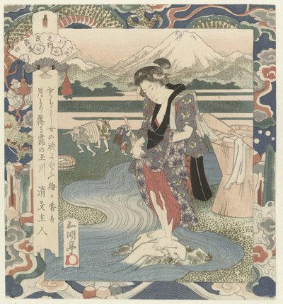 Mulher lava roupas no rio O rio Chôbû em Musashi, número quatro Musashi - sono yon (título no objeto) The Six Jewel Rivers (título da série) Mutamagawa no uchi (título da série no objeto) de Utagawa Sadakage