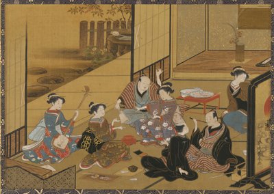 Cena interior de uma festa com <em>gueixa</em> e clientes de Utagawa Toyoharu
