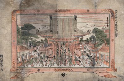 Pessoas a entrar num grande templo. No exterior, há bancas de comércio. Impressão de uma pintura numa moldura com pés, c1770. Utagawa Toyoharu (1735-1814) artista japonês de Ukiyo-e. Multidão Religião Culto de Utagawa Toyoharu