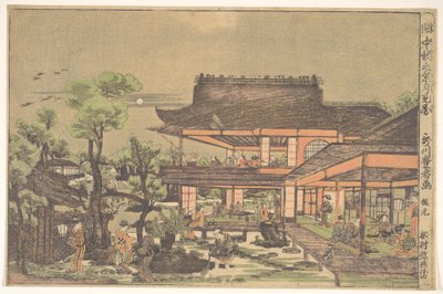 Casa de chá; cena intitulada: «Contemplar a Lua em meados do outono» de Utagawa Toyoharu