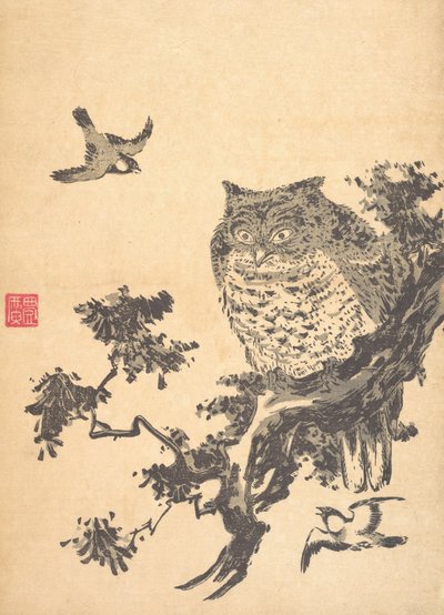 Coruja e duas andorinhas. de Utagawa Toyohiro