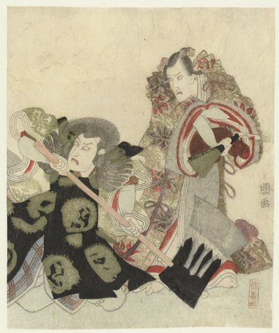 Ichikawa Danjûrô VII como Yoshimune no Munesada com fã e Ichikawa Omezô no papel de Sekibei com machado de Utagawa Toyokuni (I)