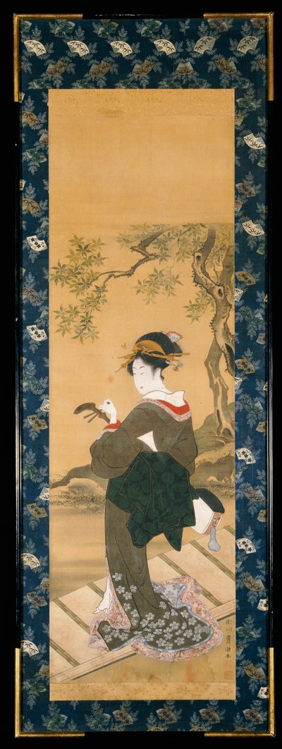 Um retrato de corpo inteiro de uma mulher afinando seu shamisen em uma varanda (sumi, gofun e cores em seda); de Utagawa Toyokuni