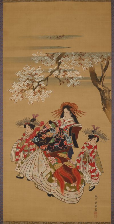 Cortesã com duas kamuro sob cerejeiras em flor de Utagawa Toyokuni