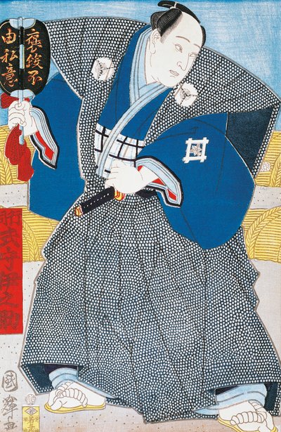 Ator japonês em quimono tradicional com ventilador, de Utagawa Toyokuni, xilogravura de Utagawa Toyokuni