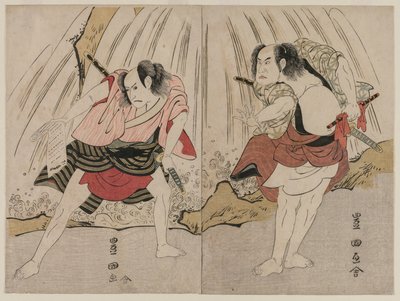 Kataoka Nizaemon VII e Ichikawa Yaozo III num confronto junto a uma cascata de Utagawa Toyokuni