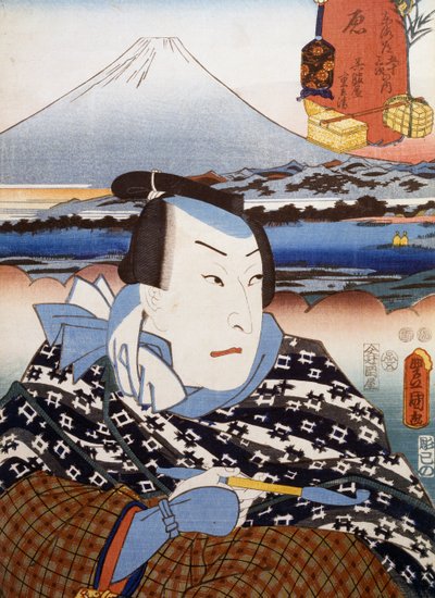 Retrato do actor de teatro Kabuki em frente ao Monte Fuji, gravura de arte ukiyo-e de Utagawa Toyokuni (1769-1825), xilogravura, civilização japonesa, período Edo de Utagawa Toyokuni