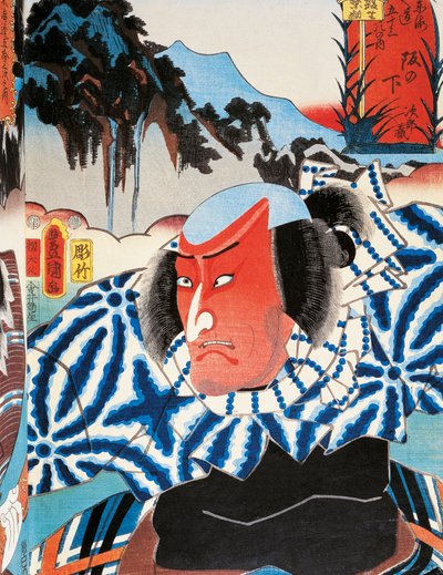 Retrato de um ator de teatro Kabuki, vermelho de raiva, impressão da arte ukiyo-e de Utagawa Toyokuni (1769-1825), xilogravura, civilização japonesa, período Edo de Utagawa Toyokuni