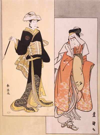 Retratos de atores em palco, cerca de 1794-1796, ukiyo-e de Shun-Yei (final do século XVIII) e Utagawa Toyokuni (1769-1825), reprodução da xilogravura, civilização japonesa, período Edo (1603-1868) de Utagawa Toyokuni