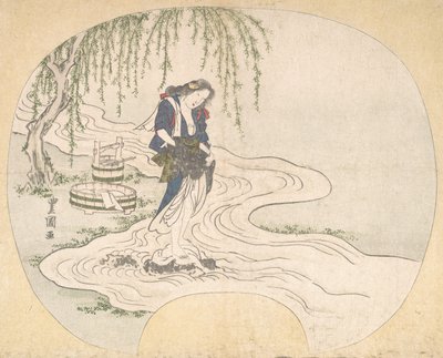 Uma mulher fica em cima de uma rocha em uma lavanderia, ca. 1828. de Utagawa Toyokuni II