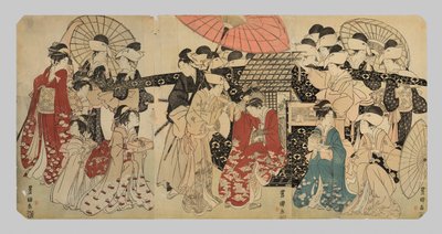 Uma princesa viajando com seus atendentes desce de um palanquim de Utagawa Toyokuni I