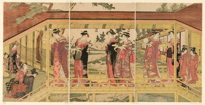 Uma procissão de mulheres segurando decorações shimadai de Utagawa Toyokuni I