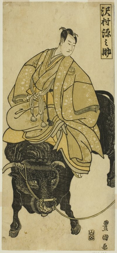 O ator Sawamura Gennosuke montado num boi como Sugawara no Michizane de Utagawa Toyokuni I