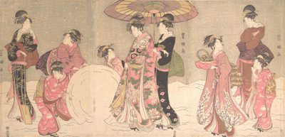 Cortesãs e atendentes fazendo uma bola de neve gigante, ca. 1796. de Utagawa Toyokuni I