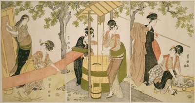 Lavando a roupa no meio-fio do poço (Idobata no sentaku to araihari) de Utagawa Toyokuni I