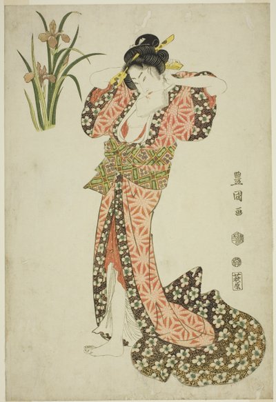 Íris: beleza arrumando o cabelo, de uma série sem título de belezas e flores de Utagawa Toyokuni I