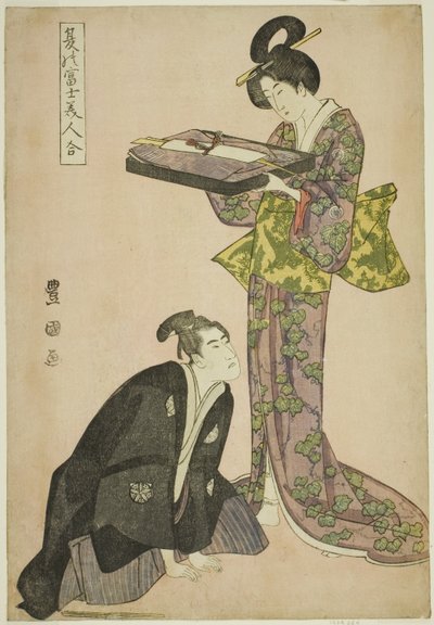 Ator ajoelhado e beldade em pé segurando uma bandeja de roupas, da série "Fuji in Summer Matched with Beautiful Women (Natsu no Fuji bijin awase)" de Utagawa Toyokuni I