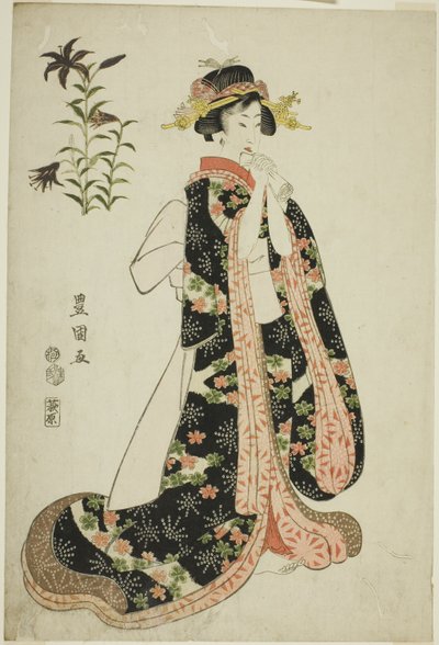 Lírios: jovem segurando uma carta, de uma série sem título de belezas e flores de Utagawa Toyokuni I