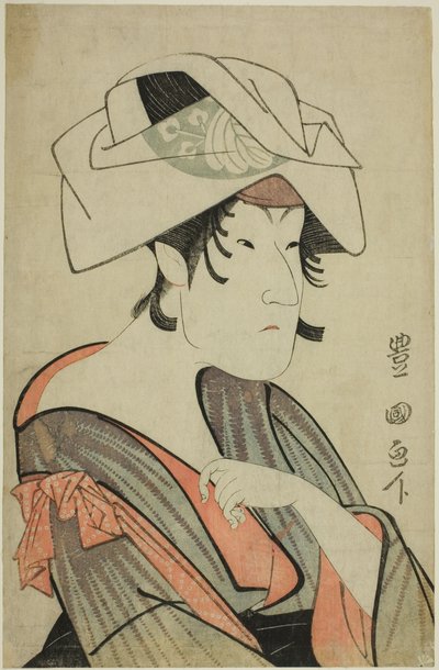 Nakayama Tomisaburo. Vestida como uma mulher com uma toalha na cabeça de Utagawa Toyokuni I