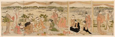 Recital em uma varanda com vista para o Rio Sumida de Utagawa Toyokuni I