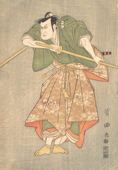 O ator Kataoka Nizaemon em vestes cerimoniais de verde e rosa, ..., ca. 1790-1825. de Utagawa Toyokuni I