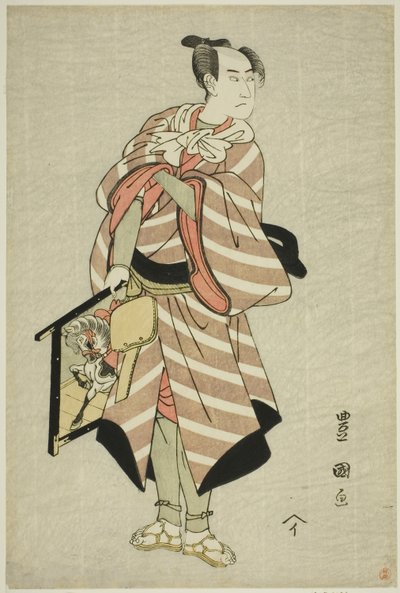 O ator Sawamura Sojuro III como o cavalo de carga Muchizo na peça "Miyamairi Musubi no Kamigaki", apresentada no Teatro Kiri no décimo primeiro mês de 1797 de Utagawa Toyokuni I