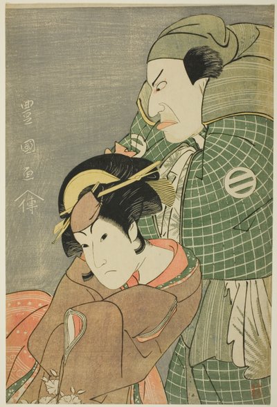 Os atores Kataoka Nizaemon VII como Iyo no Taro e Iwai Hanshiro IV como Kojoro-gitsune de Okazaki na peça "Seiwa Nidai Oyose Genji", apresentada no Teatro Miyako no décimo primeiro mês de 1796 de Utagawa Toyokuni I