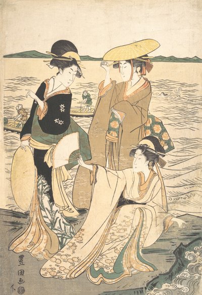 Três jovens à beira-mar. de Utagawa Toyokuni I