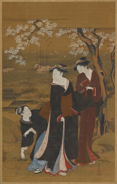 Três mulheres sob uma cerejeira em flor à beira-mar, 1769-1825. de Utagawa Toyokuni I