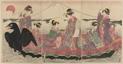 Mulheres em um barco no Ano Novo imitando os Sete Deuses da Boa Fortuna de Utagawa Toyokuni I