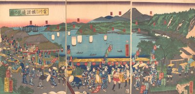 Uma visão distante de Yokohama de Kanagawa, 5º mês, 1860. de Utagawa Yoshitora