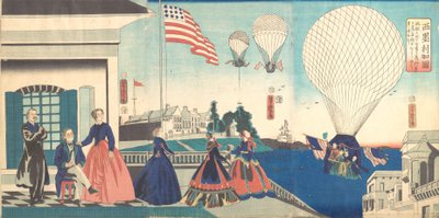 “América”: Desfrutando de Balões de Ar Quente, 1867. de Utagawa Yoshitora