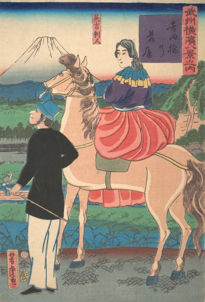 Gansos Descendentes na Ponte Yoshida [Casal Inglês] Yoshidabashi no rakugan [1º mês, 1861. de Utagawa Yoshitora