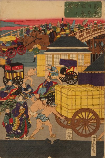 Seção de Nihonbashi florescente de Tóquio Nihonbashi de Tóquio han ei no zu Triptych de Utagawa Yoshitora