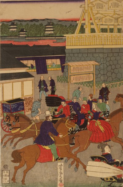 Seção de Nihonbashi florescente de Tóquio Nihonbashi de Tóquio han ei no zu Triptych de Utagawa Yoshitora