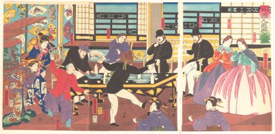 Estrangeiros em festa, 1º mês, 1861. de Utagawa Yoshitora