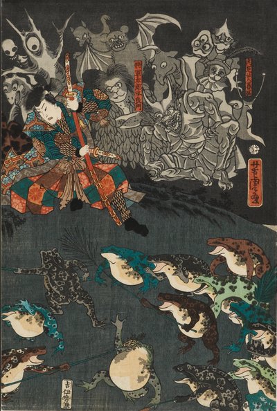 Nikushi the Frog Spirit evoca uma batalha mágica de sapos em Tateyama na província de Etchu, 1864 de Utagawa Yoshitora