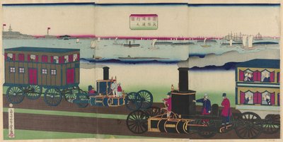 Imagens de locomotivas a vapor viajando (Jokisha rikudo tsuko no zu) de Utagawa Yoshitora