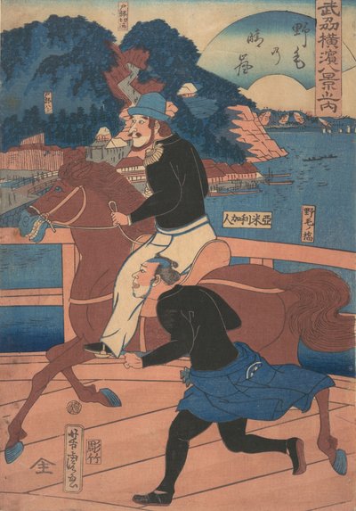 Velas de Regresso em Nogei [casal americano cavalgando sobre a Ponte Nogei], 1º mês, 1861. de Utagawa Yoshitora