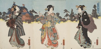 Cena de Genji monogatari (Conto de Genji) por Murasaki Shibuku (n. 978) c. 1860 (impressão em xilogravura a cores) de Utagawa and Toyokuni Kuniyoshi
