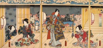 Cena de Genji monogatari (Conto de Genji) por Murasaki Shibuku (n. 978) c. 1860 (impressão em xilogravura a cores) de Utagawa and Toyokuni Kuniyoshi