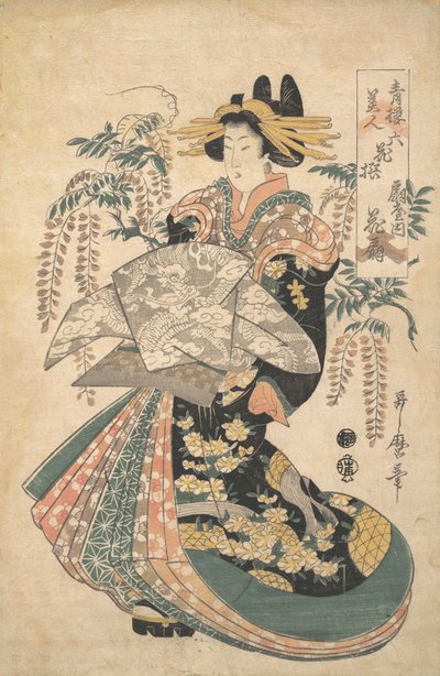 Uma cortesã com glicínias ao fundo. de Utamaro II