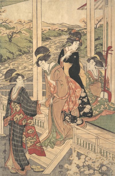 Grupo de Mulheres na Engawa de uma Casa de Campo, na época do Florescimento da Cerejeira,..., ca. 1806. de Utamaro II