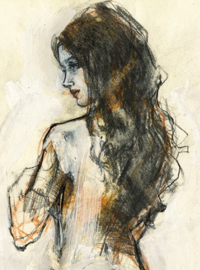 Esboço de uma mulher com cabelo esvoaçante de Ute Rathmann
